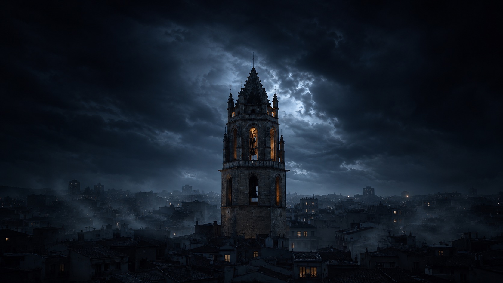 La torre de la Prioral de Reus bajo un cielo de tormenta nocturna